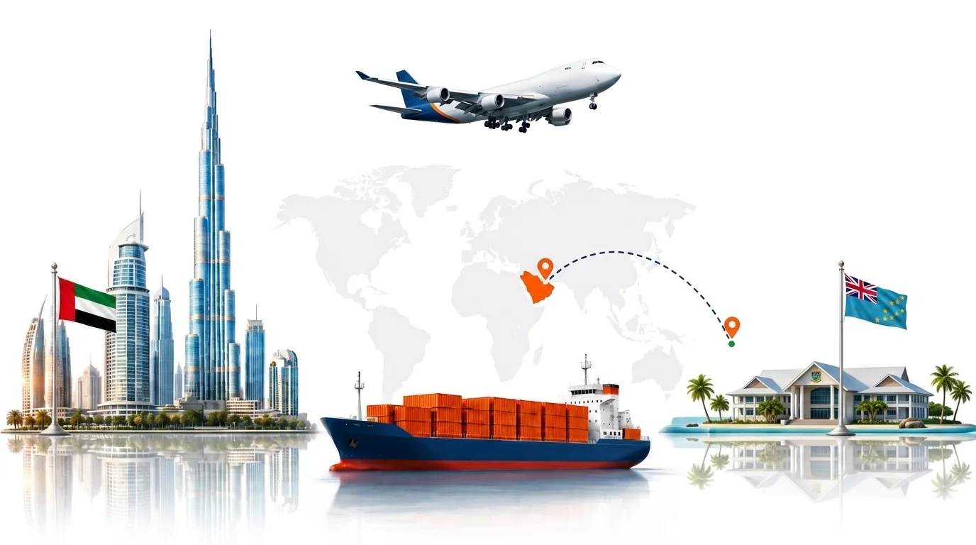 A wide pencil-style drawing of the Dubai to Tuvalu shipping lane: on the left the Dubai skyline with the Burj Khalifa and the UAE flag, on the right the thin coral islets and wide lagoon of Funafuti with the Tuvalu flag, joined by a dotted route across a pale world map with a container ship below and an aircraft above