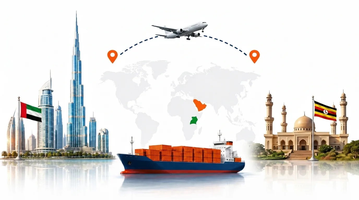 A wide pencil-style drawing of the Dubai to Uganda shipping lane: on the left the Dubai skyline with the Burj Khalifa and the UAE flag, on the right a Uganda landmark and the national flag, joined by a dotted route across a pale world map with a container ship below and an aircraft above