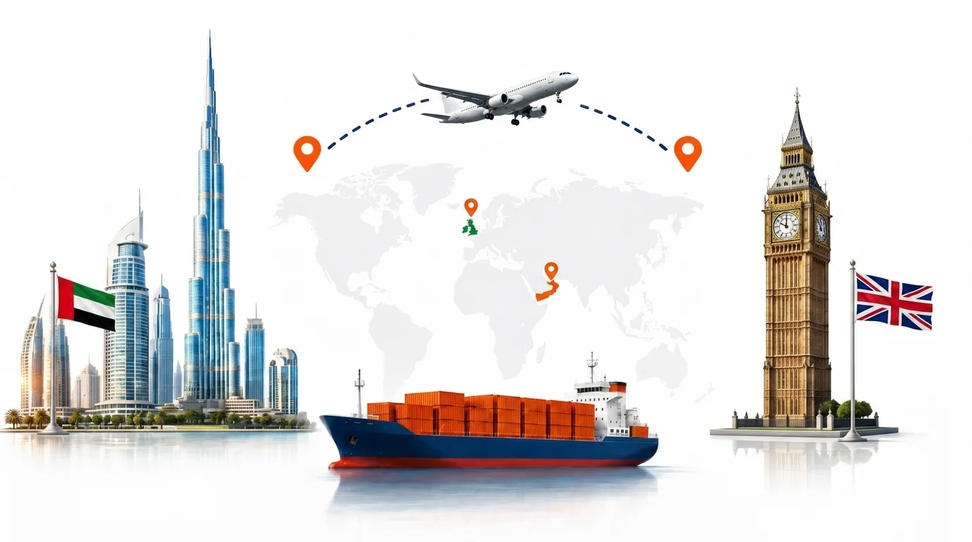 A wide pencil-style drawing of the Dubai to United Kingdom shipping lane: on the left a globe traced with dotted flight paths, an airliner, a container ship loaded with orange containers and the Dubai skyline behind the UAE flag; on the right the outline of United Kingdom with its national flag, a landmark, quayside cranes and a second vessel, the two joined by a dotted route across the frame