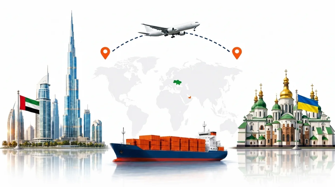 A wide pencil-style drawing of the Dubai to Ukraine shipping lane: on the left the Dubai skyline with the Burj Khalifa and the UAE flag, on the right the golden domes of Kyiv and the Ukrainian flag, joined by a dotted route across a pale world map with a container ship below