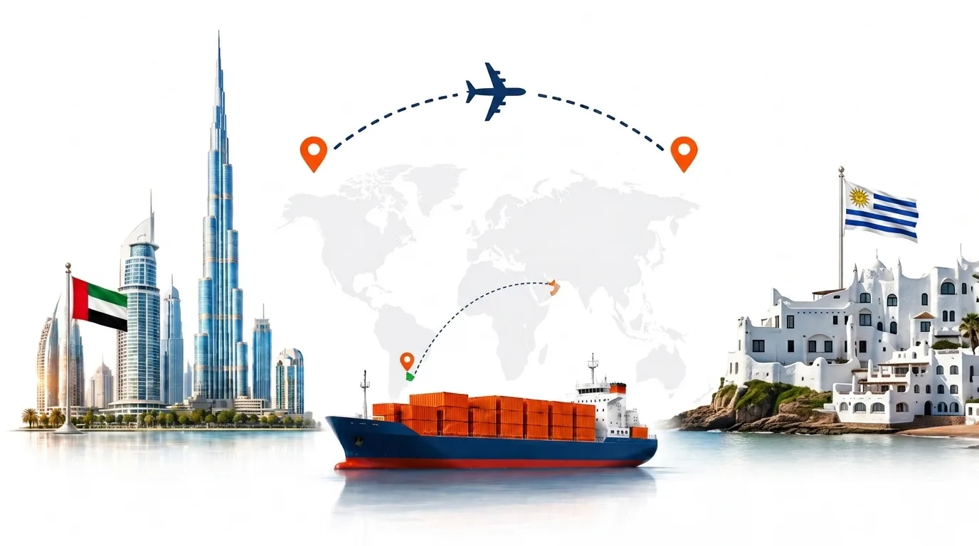 A wide pencil-style drawing of the Dubai to Uruguay shipping lane: on the left the Dubai skyline with the Burj Khalifa and the UAE flag, on the right the Montevideo waterfront on the Rio de la Plata and the Uruguayan flag, joined by a dotted route across a pale world map with a container ship below and an aircraft above