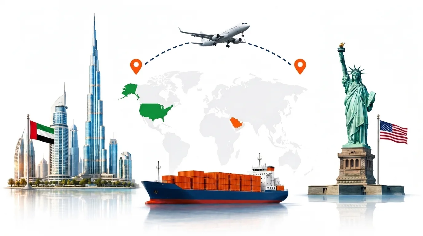 A wide pencil-style drawing of the Dubai to United States shipping lane: on the left a globe traced with dotted flight paths, an airliner, a container ship loaded with orange containers and the Dubai skyline behind the UAE flag; on the right the outline of United States with its national flag, a landmark, quayside cranes and a second vessel, the two joined by a dotted route across the frame
