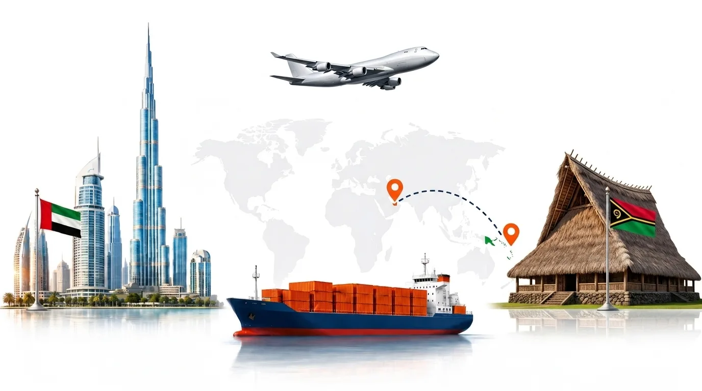 A wide pencil-style drawing of the Dubai to Vanuatu shipping lane: on the left the Dubai skyline with the Burj Khalifa and the UAE flag, on the right the green volcanic coastline at Port Vila with the Vanuatu flag, joined by a dotted route across a pale world map with a container ship below and an aircraft above