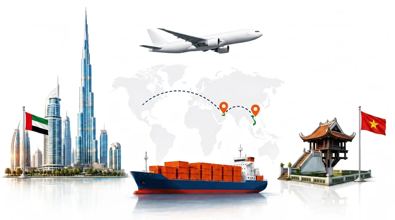 A wide pencil-style drawing of the Dubai to Vietnam shipping lane: on the left the Dubai skyline with the Burj Khalifa and the UAE flag, on the right the Ho Chi Minh City skyline with the Bitexco tower and the Vietnamese flag, joined by a dotted route across a pale world map with a container ship below and an aircraft above