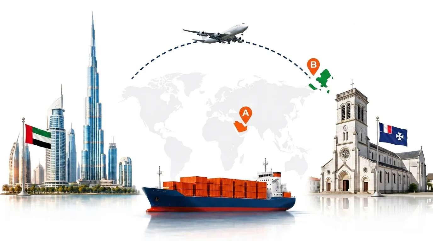 A wide pencil-style drawing of the Dubai to Wallis shipping lane: on the left the Dubai skyline with the Burj Khalifa and the UAE flag, on the right the lagoon and reef around Mata’Utu with the flags flown on Wallis, joined by a dotted route across a pale world map with a container ship below and an aircraft above