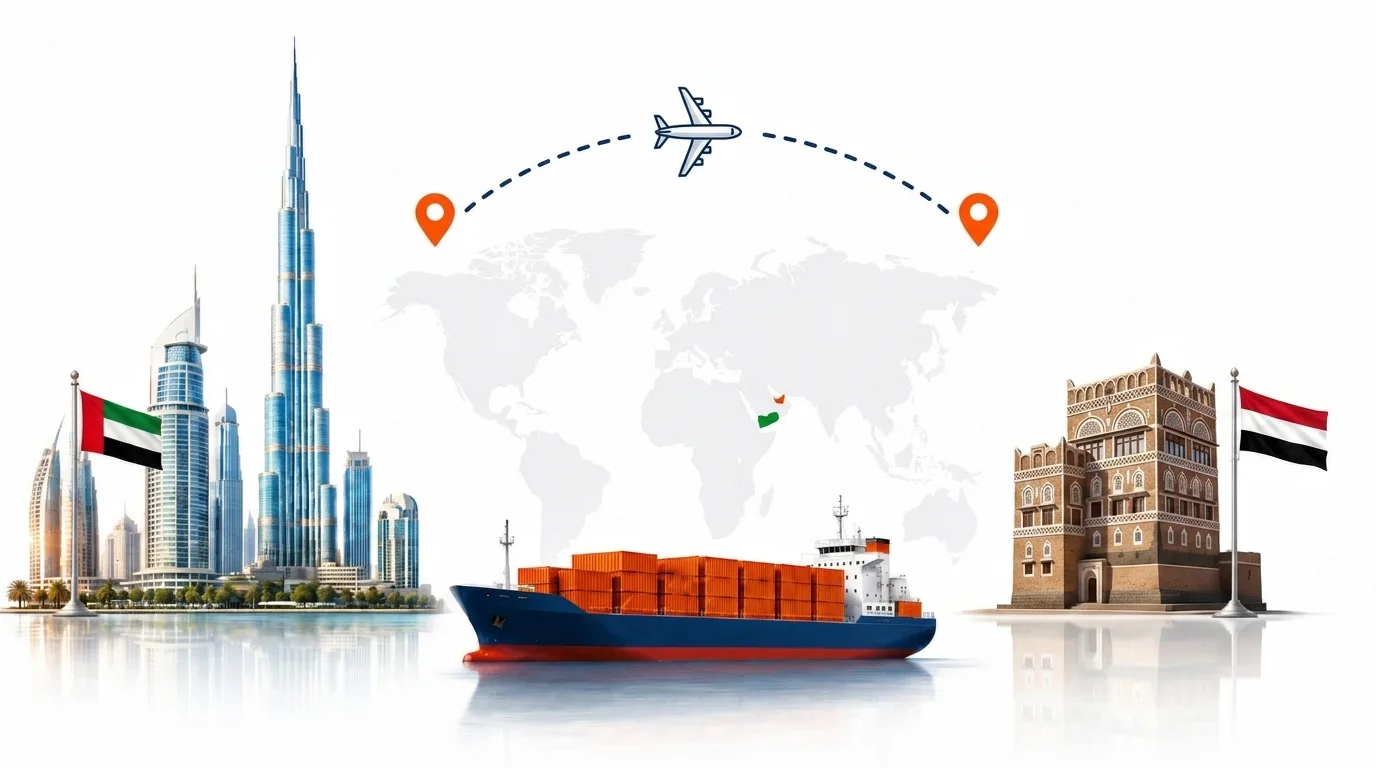A wide pencil-style drawing of the Dubai to Yemen shipping lane: on the left the Dubai skyline with the Burj Khalifa and the UAE flag, on the right the tower houses of old Sanaa and the Yemeni flag, joined by a dotted route across a pale world map with a container ship below