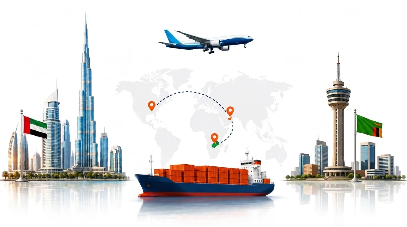 A wide pencil-style drawing of the Dubai to Zambia shipping lane: on the left the Dubai skyline with the Burj Khalifa and the UAE flag, on the right a Zambia landmark and the national flag, joined by a dotted route across a pale world map with a container ship below and an aircraft above