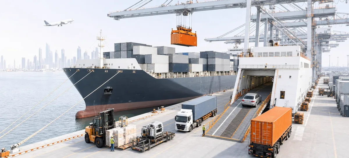 Dubai cargo port with a container ship, RoRo car loading ramp, freight trucks, palletized cargo and a cargo aircraft