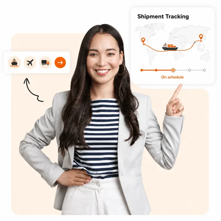 Smiling shipping advisor pointing at a shipment tracking map