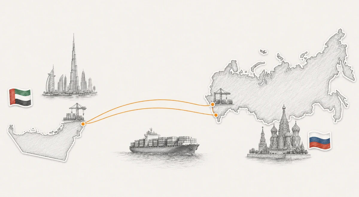 Shipping cargo route from Dubai in the UAE to Russia