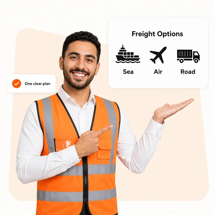 Smiling logistics coordinator presenting sea, air and road freight options