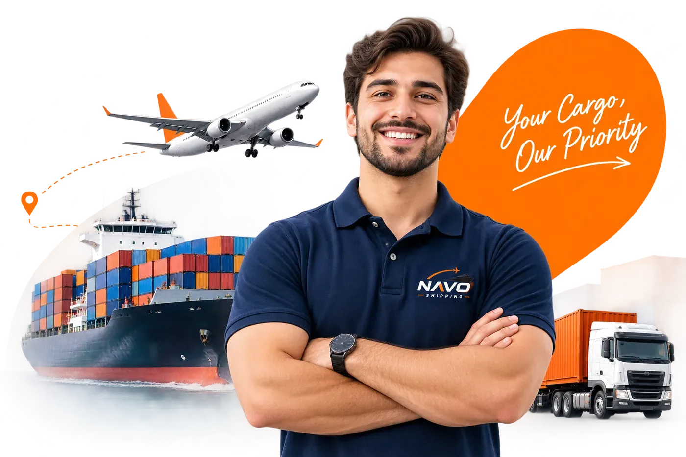 Navo Shipping team member with aircraft, container vessel and truck